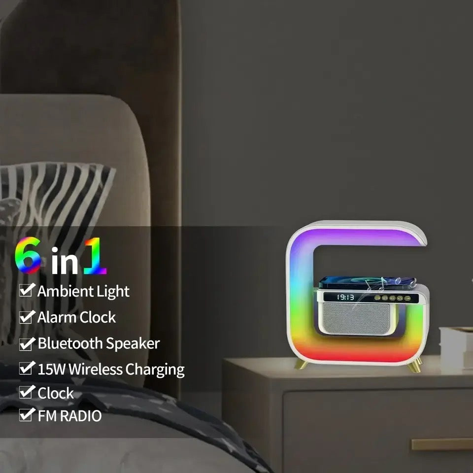 Square G Lamp, Multifunctional Bluetooth Speaker Alarm Clock, 15W Wireless Mobile Phone Charging Station Colorful Wireless Subwoofer RGB Light Lamp, New Smart Light LED Atmosphere Lamp, Sound Machine Smart Light