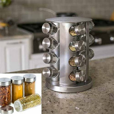 16-Piece Stainless Steel Revolving Spice Masala Jar Rack Tower Organizer