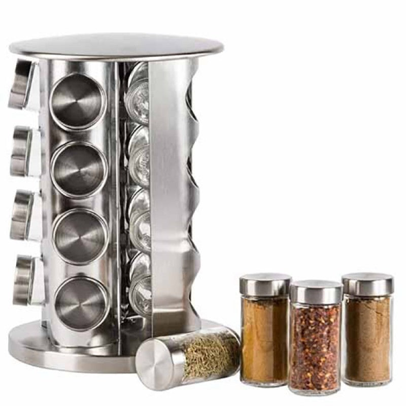 16-Piece Stainless Steel Revolving Spice Masala Jar Rack Tower Organizer