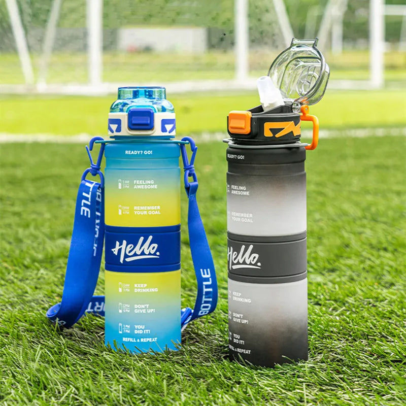 1000ml Sport Plastic Water Bottle With Straw Portable Fashion Outdoor Durable Gym Fitness Drinking Bottle With Strap BPA Free