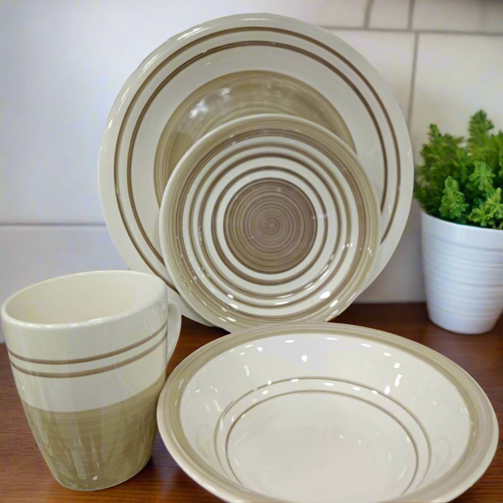 16 Pcs Dinner Set (White & Brown) – Elegant Tableware Set