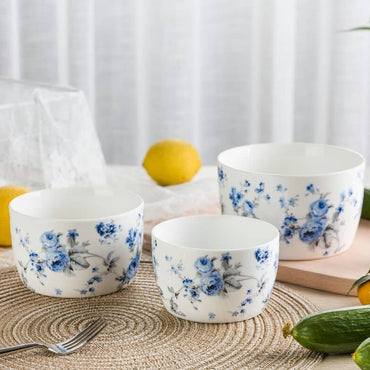4-Piece Ceramic Bowl Set with Floral Pattern & Silicone Sealed Lid