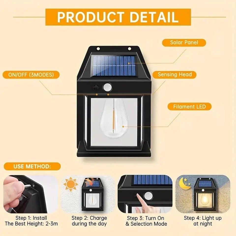 Solar Tungsten Filament Lamp, Waterproof Intelligent Induction Lantern, Wireless Dusk to Dawn Porch Light, Outdoor Wall Light with Motion Sensor, Courtyard Garden Villa Lighting Night Light, Sunlight Prowered Motion Sensor Lamp