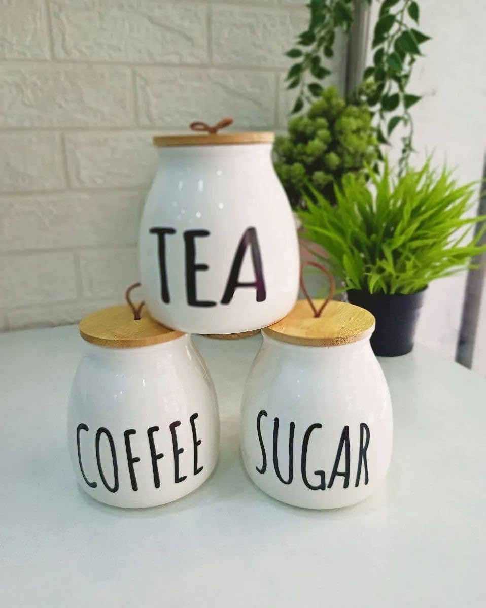 3  Pieces Tea coffee sugar on Stand Elegant Bamboo Wooden Set