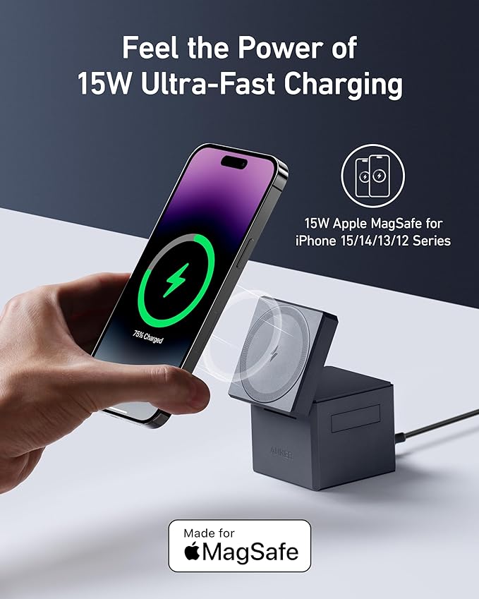 MagSafe Charger Stand, Anker 3-in-1 Cube with MagSafe, 15W Max Fast Charging Stand, Foldable Wireless Charger