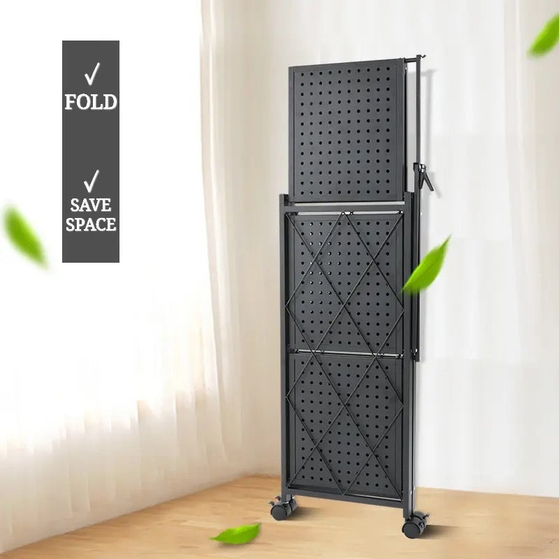 3 Layer Foldable Mobile Wheels Storage Cart, Large Iron Multifunctional Living Room Rack, Multilayer Bookshelf Display Kitchen Storage Rack, Metal Shelving Units Storage Racks with Lockable Wheels, Kitchen Home Space Saving Organizer