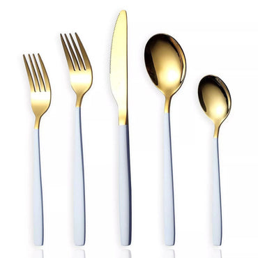 Flatware Cutlery Set, Stainless Steel Utensils Service Set for 6, Mirror Finish, Dishwasher Safe With Golden Spoon and White Handle