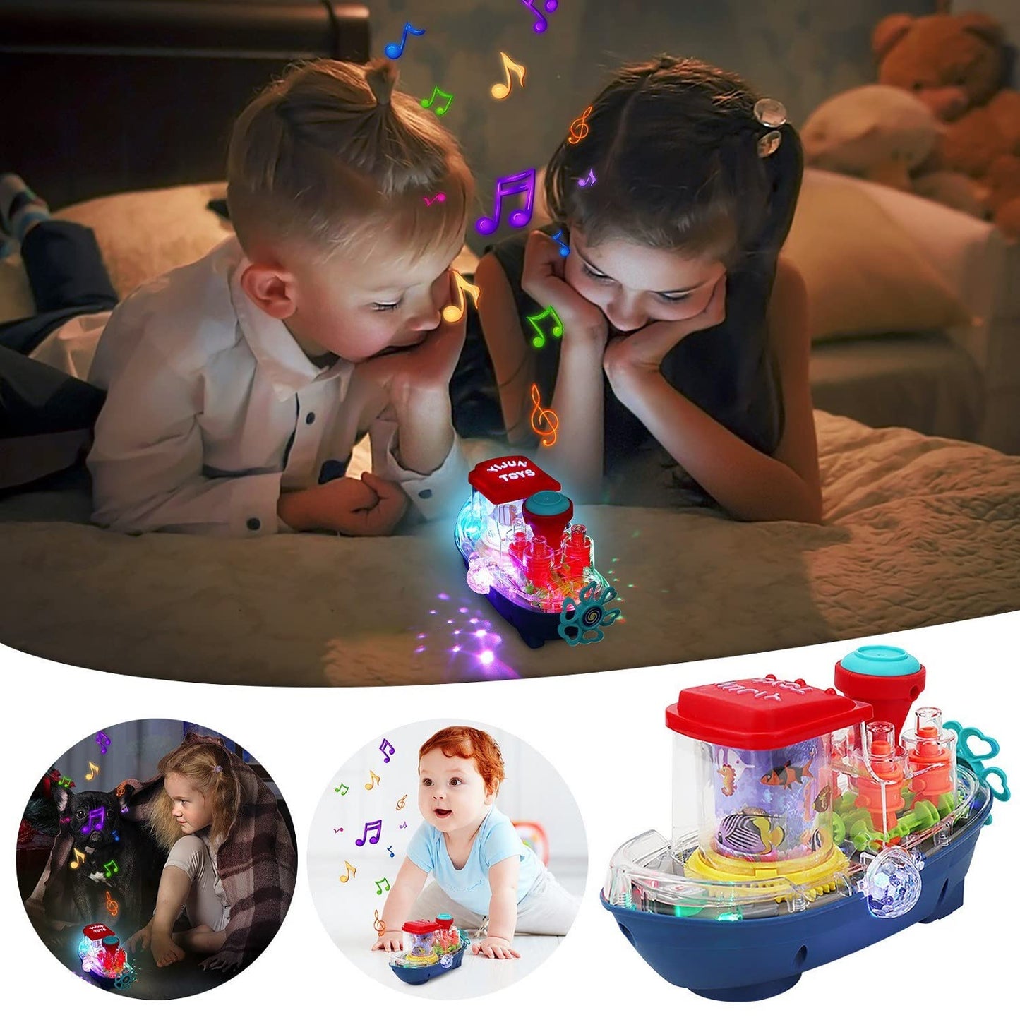 Gear Land Ship, Musical Toy Boat with Colorful Light, Transparent Rotatable Concept Boat, Underwater World Cruise Ship Toy For Kid, Battery Operated Toy Boat with Rotating Fishing Lamp Toy, Children's Toy Boat