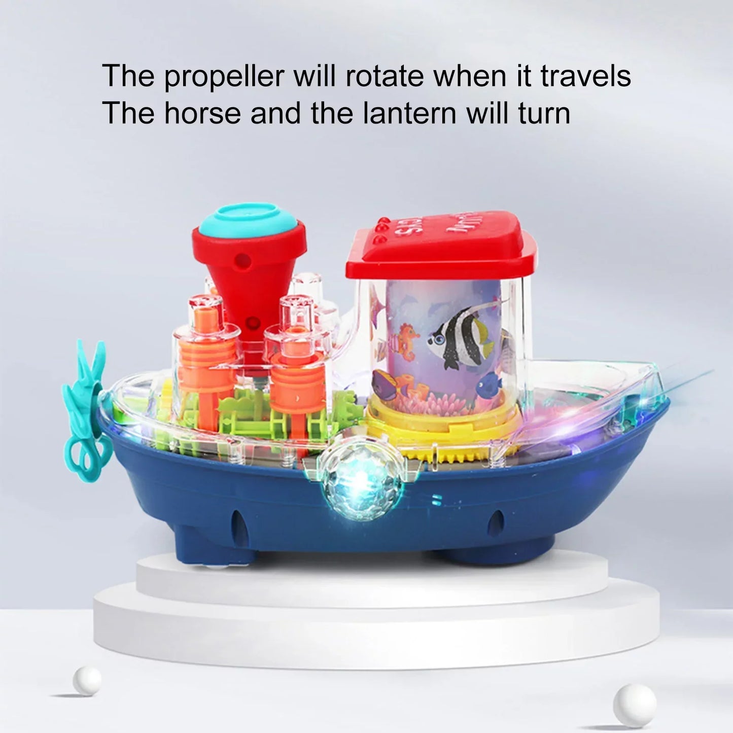 Gear Land Ship, Musical Toy Boat with Colorful Light, Transparent Rotatable Concept Boat, Underwater World Cruise Ship Toy For Kid, Battery Operated Toy Boat with Rotating Fishing Lamp Toy, Children's Toy Boat