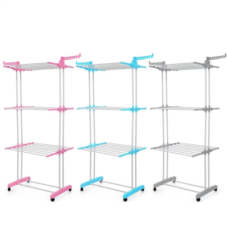 3 Layer Foldable Wing Drying Rack, Double Pole Movable Clothes Rack, Floor Mobile Folding Clothes Rack, Simple Home Cloth Drying Holder, Telescopic Household Laundry Rack, Stacked Wing Drying Rack