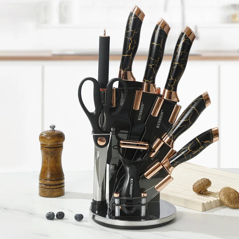 Textured Handle Knife Set with Acrylic Rotate Stand