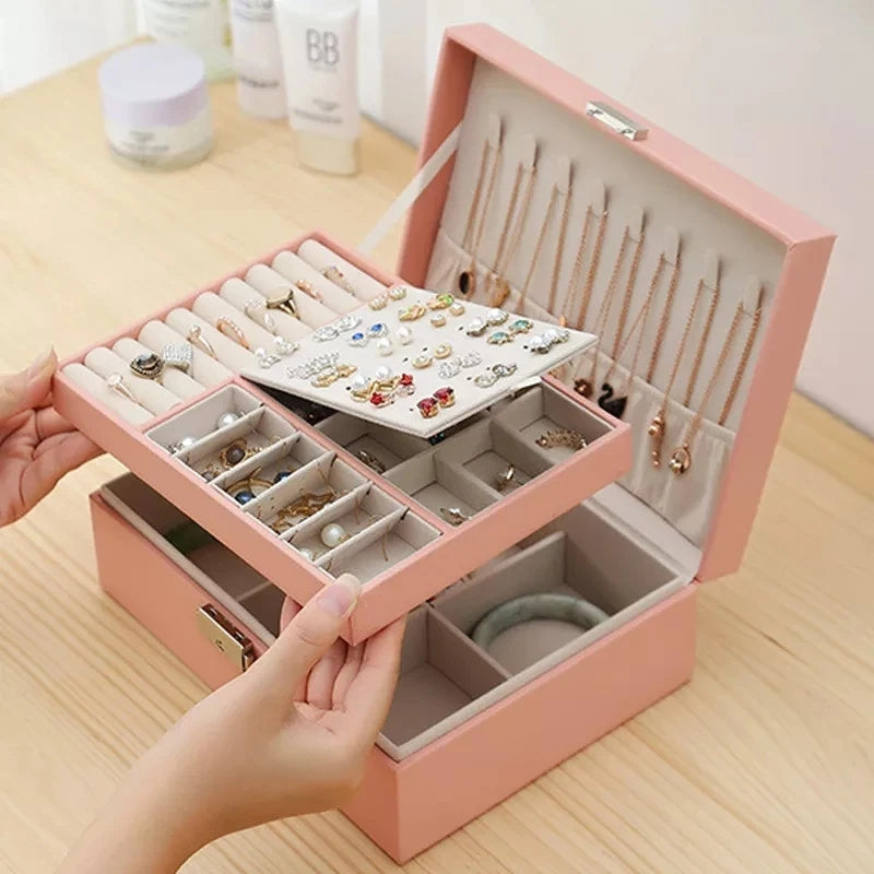 2 Layer Leather Jewelry Organizer - Elegant PU Leather Storage Box