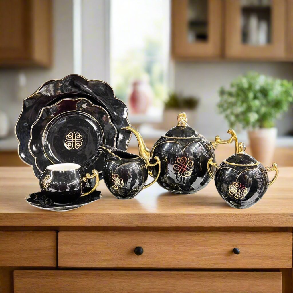 Modern Ceramic Floral Teaset (Black) - 18 Pieces