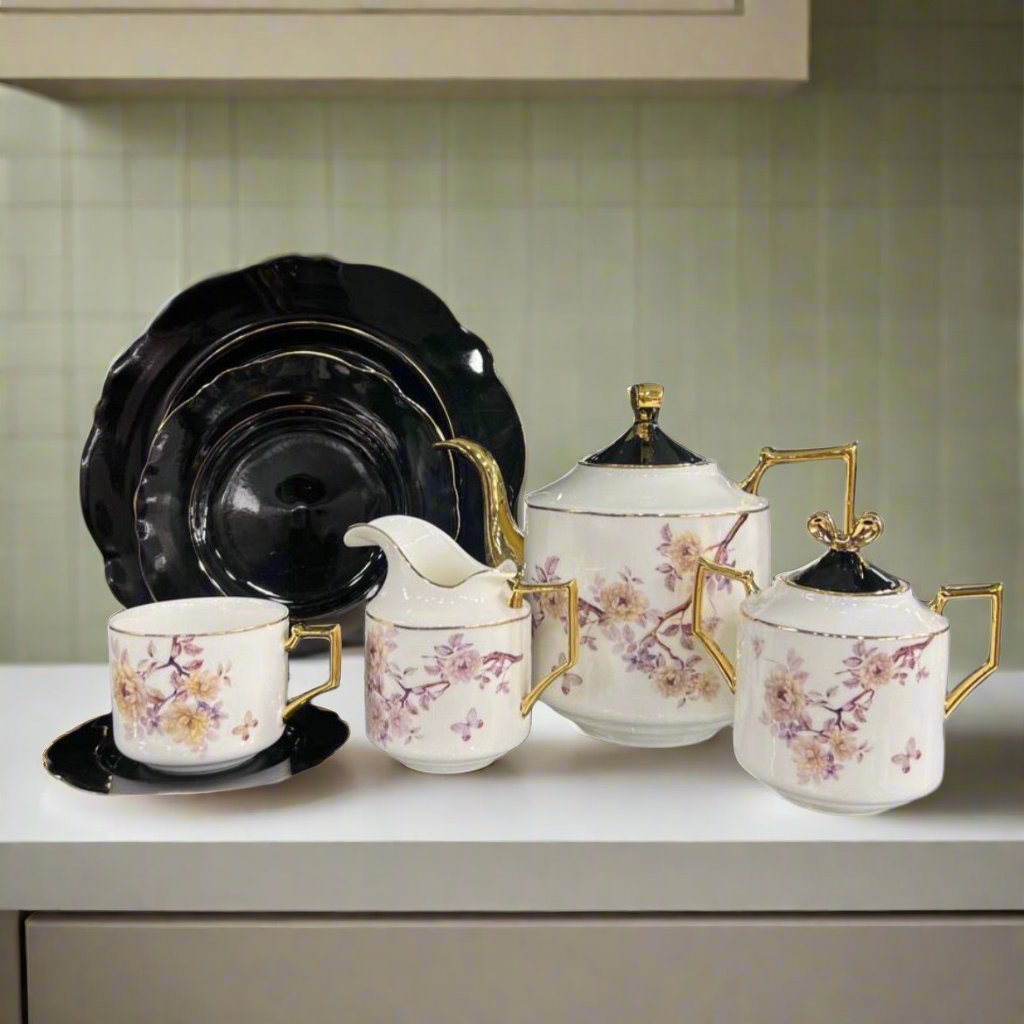 Modern Ceramic Floral Teaset (White & Black 2.0) - 18 Pieces