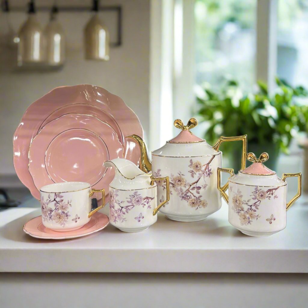 Modern Ceramic Floral Teaset (White & Pink 2.0) - 18 Pieces