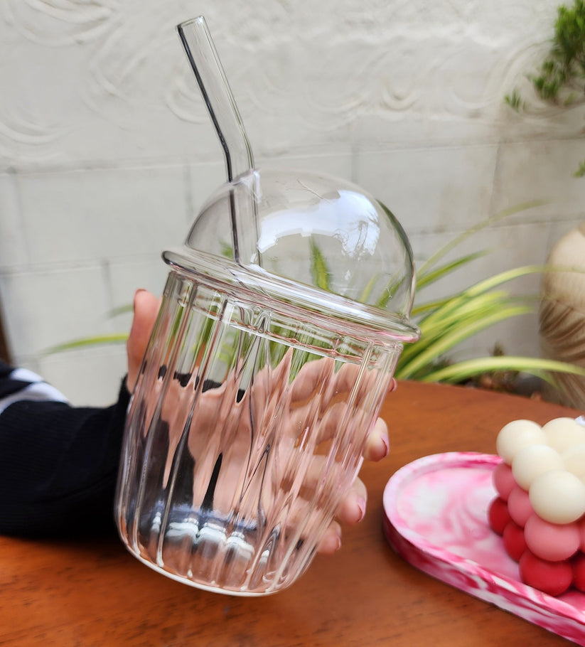 BOBA Glass Cup with Removable Glass Lid and Glass Straw - Clear