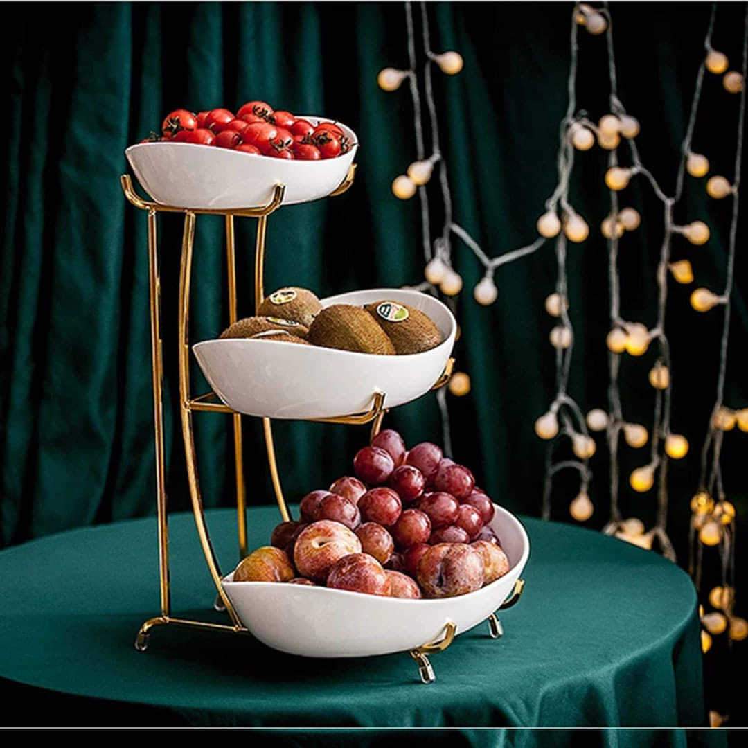 3/2  tier Nordic Imported White Serving Platters With Golden Stand
