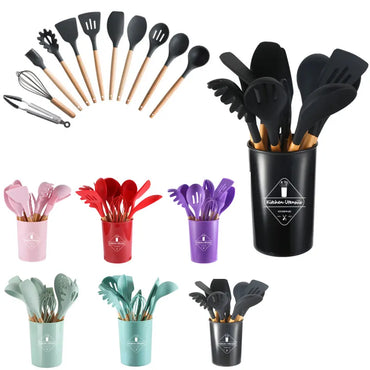 12-Piece Silicone Kitchen Utensil Set with Wooden Handles – Heat-Resistant Cooking Tools