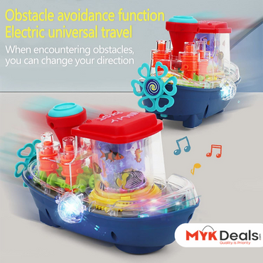 Gear Land Ship, Musical Toy Boat with Colorful Light, Transparent Rotatable Concept Boat, Underwater World Cruise Ship Toy For Kid, Battery Operated Toy Boat with Rotating Fishing Lamp Toy, Children's Toy Boat