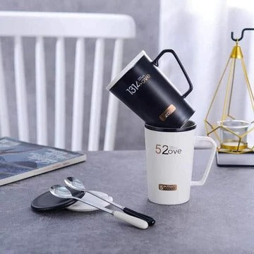 Lovely Couple Mug, Black White Stamping Mug with Lid Spoon