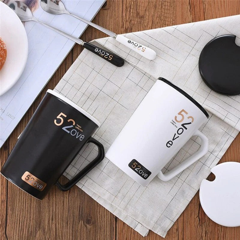 Lovely Couple Mug, Black White Stamping Mug with Lid Spoon