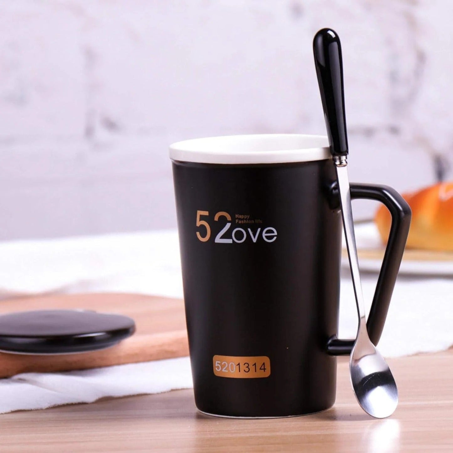 Lovely Couple Mug, Black White Stamping Mug with Lid Spoon