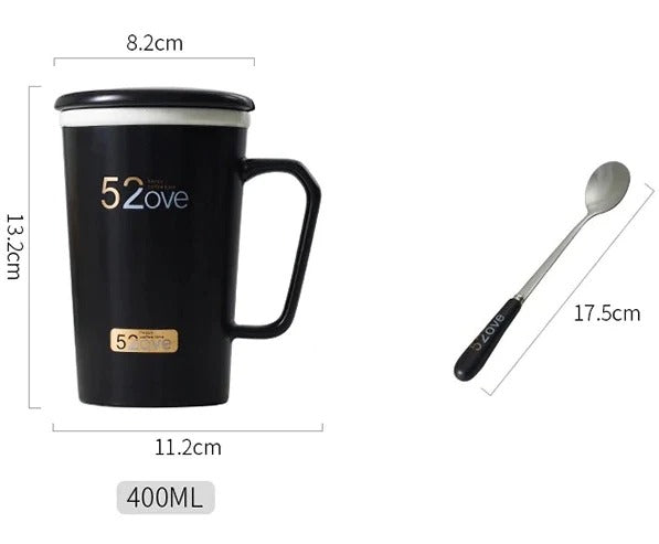 Lovely Couple Mug, Black White Stamping Mug with Lid Spoon