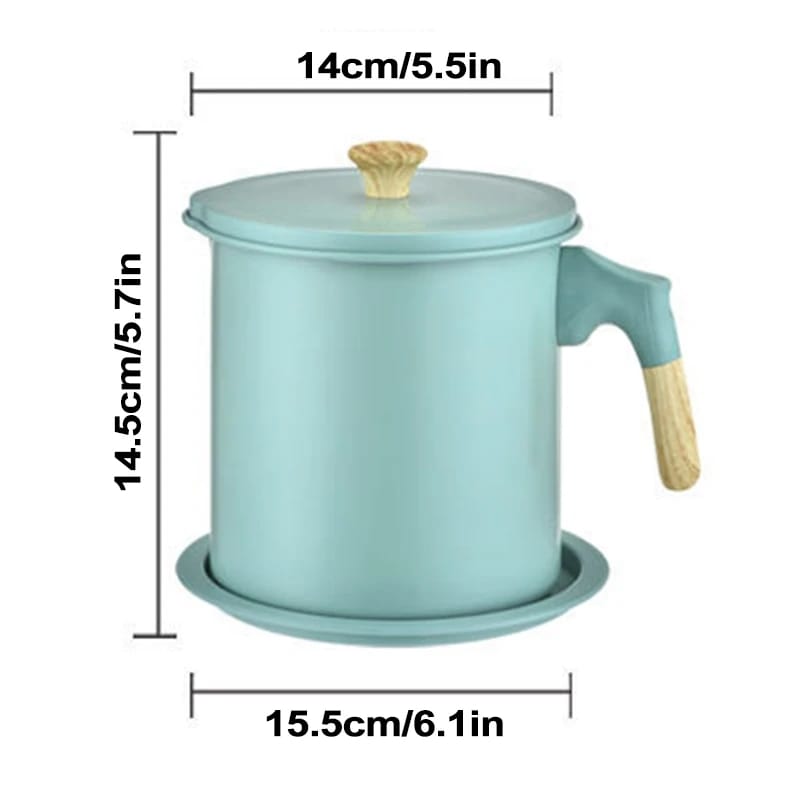 Wooden Handle Oil Strainer, 1.4L Stainless Steel Oil Filter Pot with Tray,