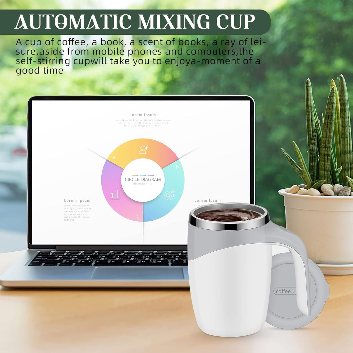 Self Stirring Coffee Mug,  Automatic Magnetic Stirring Coffee Cup, 380mL Auto Mixing Mug with Lid, Rechargeable Magnetic Coffee Mug, Electric Smart Mixer Coffee Cup, Stainless Steel Self Mixing Coffee Cup, Portable Stirring Cup
