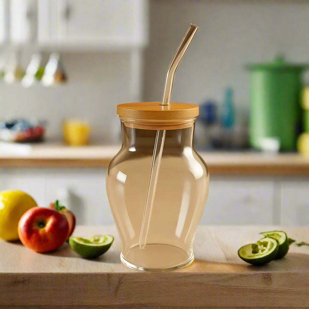 Blossom Glass Cup with Glass Straw and Lid