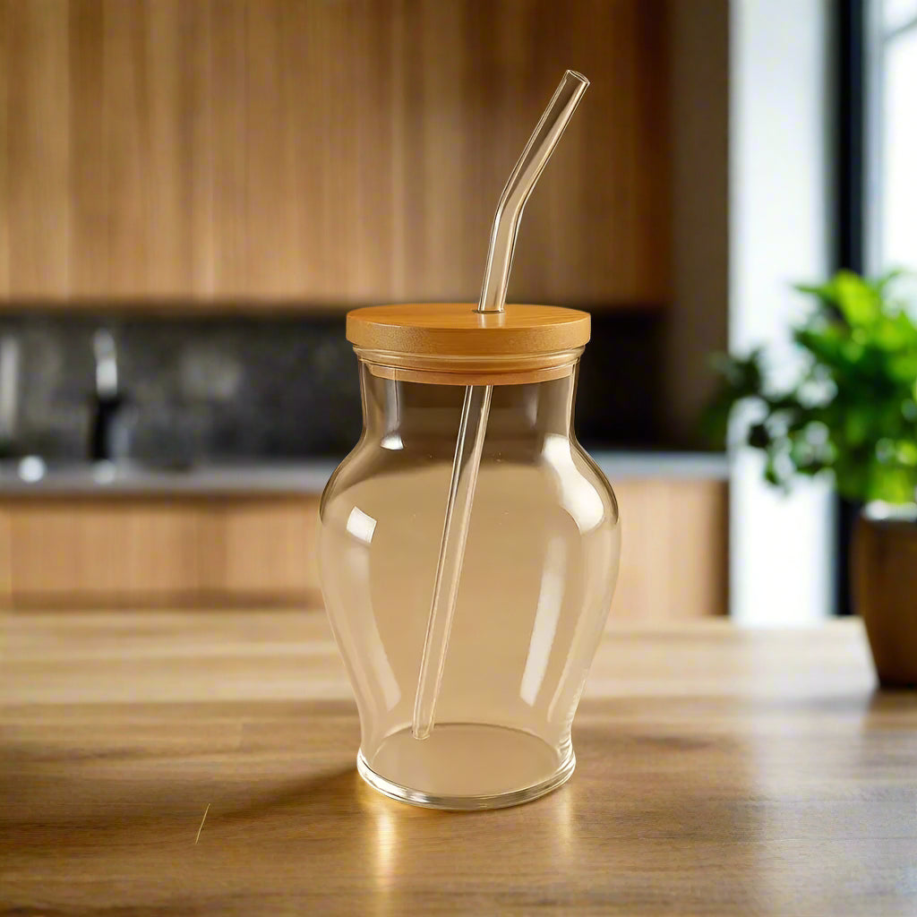 Blossom Glass Cup with Glass Straw and Lid