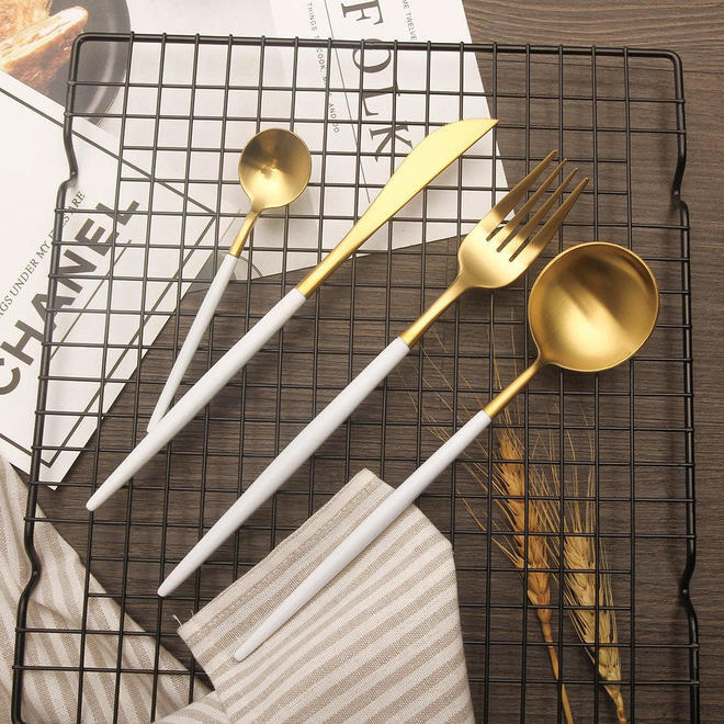 Stainless Steel White & Golden Cutlery Set (24 Pcs)