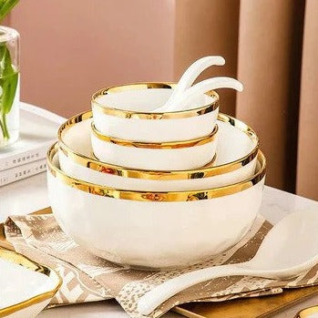 7pcs Fine Bone Soup & Salad Bowls - White & Golden