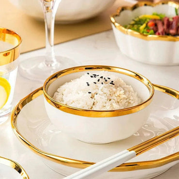 7pcs Fine Bone Soup & Salad Bowls - White & Golden