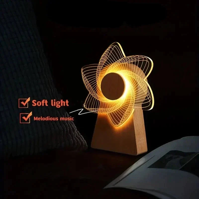 3D Windmill Night Light, Wooden Rotating Music Box, Wooden Ferris Wheel Table Lamp, Visual Illusion Optical Light