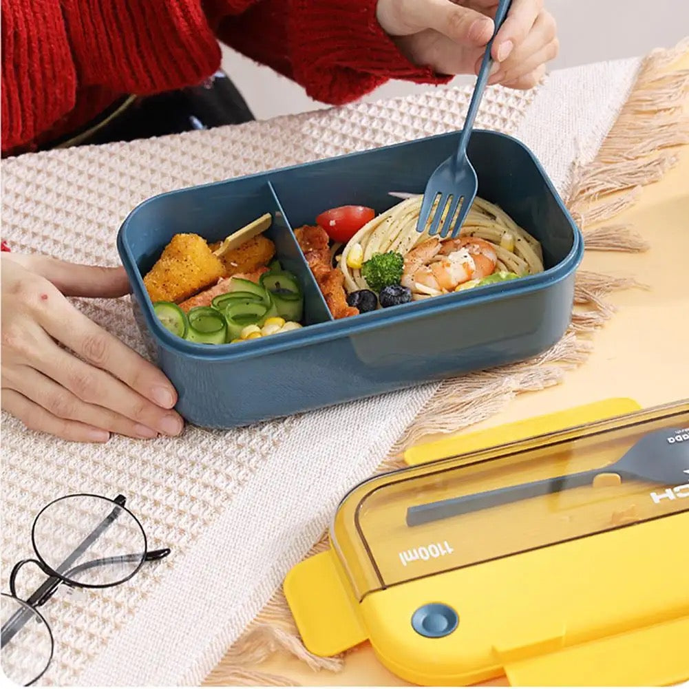 2 Compartment Lunch Box - Convenient Sealed Bento Lunch Box with Fork & Spoon
