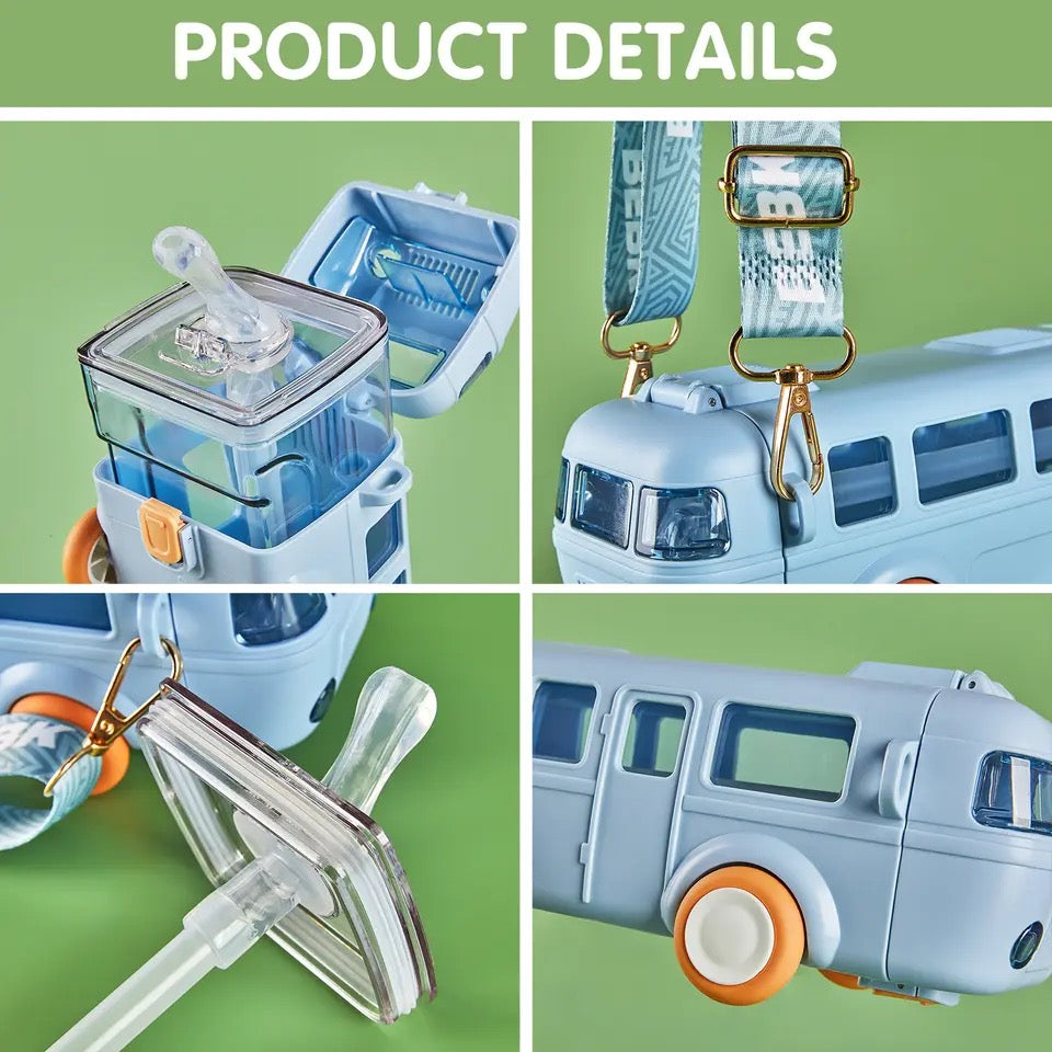 School Van Water Bottle, Summer Cute Bus Water Bottle with Strap, Toy Car Water Bottles for School Outdoor Travel, Leakproof Bus Shape Kids Small Car Straw Kettle, Portable Water Bottle for Kids, 500ml Kids Water Bottles with Straw and Shoulder Strap
