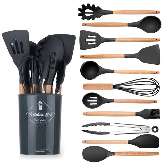 12-Piece Silicone Kitchen Utensil Set with Wooden Handles – Heat-Resistant Cooking Tools