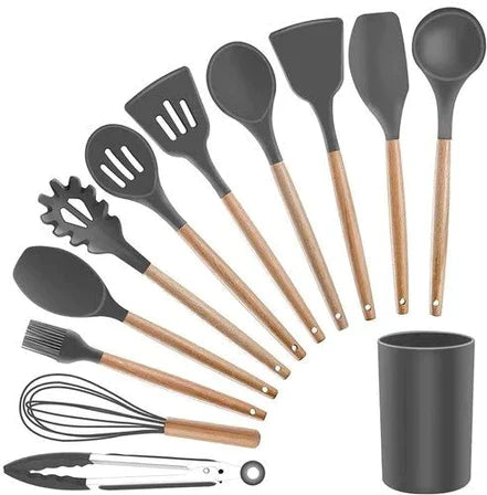 12-Piece Silicone Kitchen Utensil Set with Wooden Handles – Heat-Resistant Cooking Tools