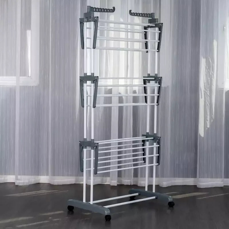 3 Layer Foldable Wing Drying Rack, Double Pole Movable Clothes Rack, Floor Mobile Folding Clothes Rack, Simple Home Cloth Drying Holder, Telescopic Household Laundry Rack, Stacked Wing Drying Rack