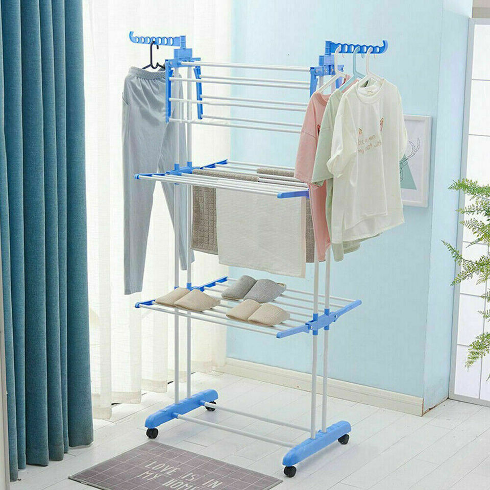 3 Layer Foldable Wing Drying Rack, Double Pole Movable Clothes Rack, Floor Mobile Folding Clothes Rack, Simple Home Cloth Drying Holder, Telescopic Household Laundry Rack, Stacked Wing Drying Rack
