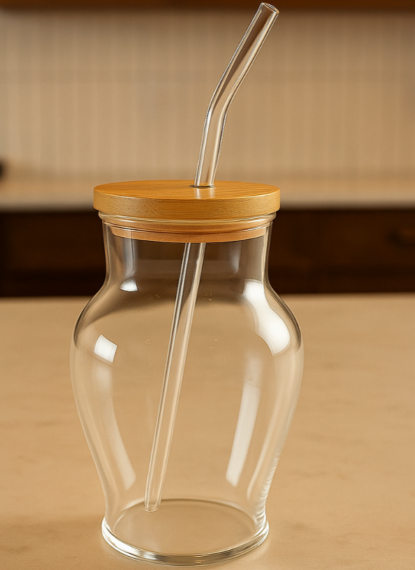 Blossom Glass Cup with Glass Straw and Lid