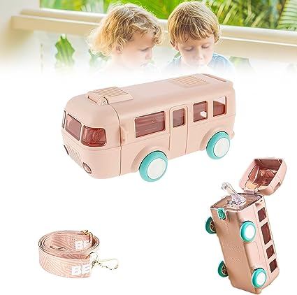 School Van Water Bottle, Summer Cute Bus Water Bottle with Strap, Toy Car Water Bottles for School Outdoor Travel, Leakproof Bus Shape Kids Small Car Straw Kettle, Portable Water Bottle for Kids, 500ml Kids Water Bottles with Straw and Shoulder Strap