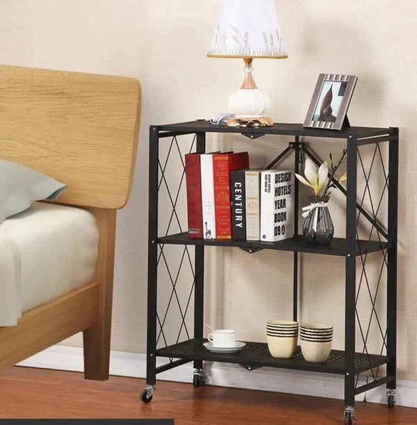 3 Layer Foldable Mobile Wheels Storage Cart, Large Iron Multifunctional Living Room Rack, Multilayer Bookshelf Display Kitchen Storage Rack, Metal Shelving Units Storage Racks with Lockable Wheels, Kitchen Home Space Saving Organizer