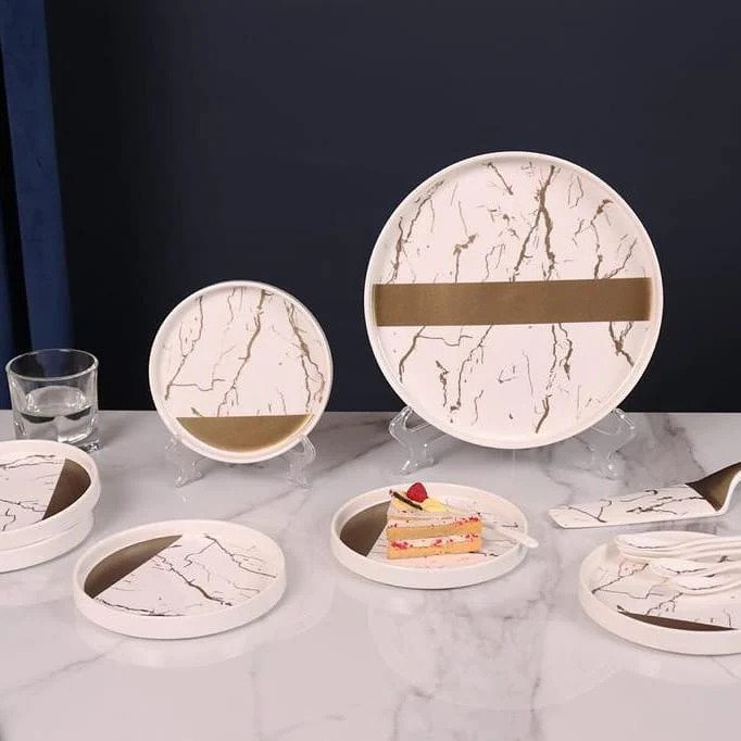 Ceramic Marblene Cake Dessert Set- 14 Pcs Set