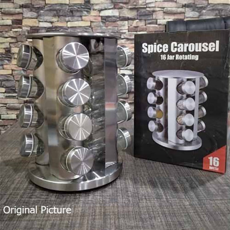 16-Piece Stainless Steel Revolving Spice Masala Jar Rack Tower Organizer
