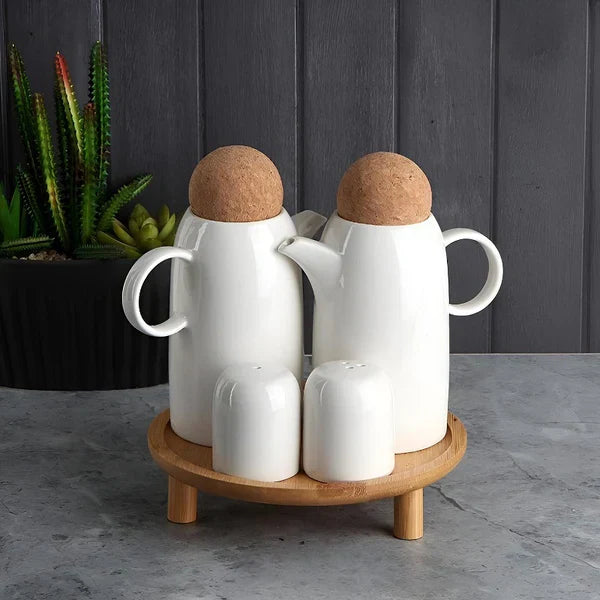 4-Piece Condiment Set with Wooden Stand – Stylish Spice Holder