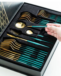 24 PCs Premium Steel Cutlery Set-Green over Golden