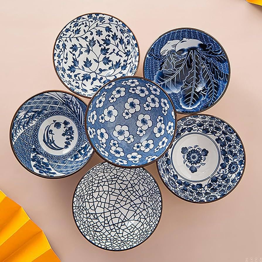 Japanese Style Korean 4.5 Inch Flower 6-Ceramic Bowl Set for Rice Soup