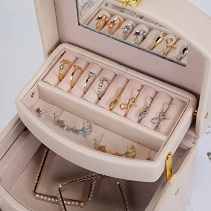 Lockable Leather Jewelry Box, 3 Layer Jewellery Organizer, Earring Ring Bracelet Storage Case for Women, Drawer Leather Jewellery Box, Earring Bracelet Holder Organizer, Multifunctional Display Stand, Multipurpose Drawer Cheap Shelf